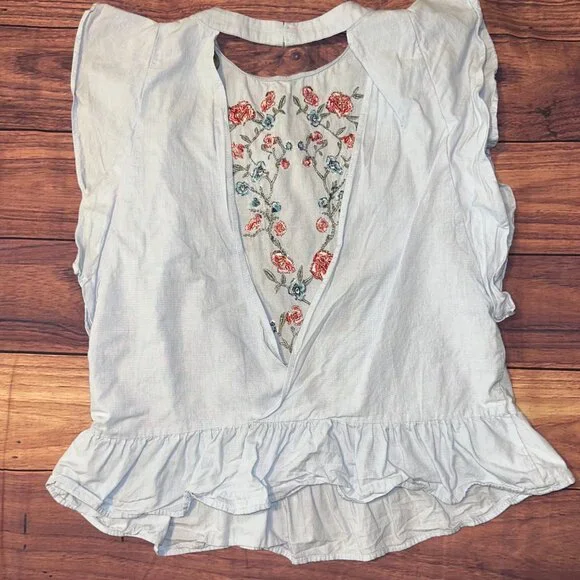 ZARA Embroidered Floral Ruffle Blouse - Light Blue Cotton - XS - Picture 7 of 10